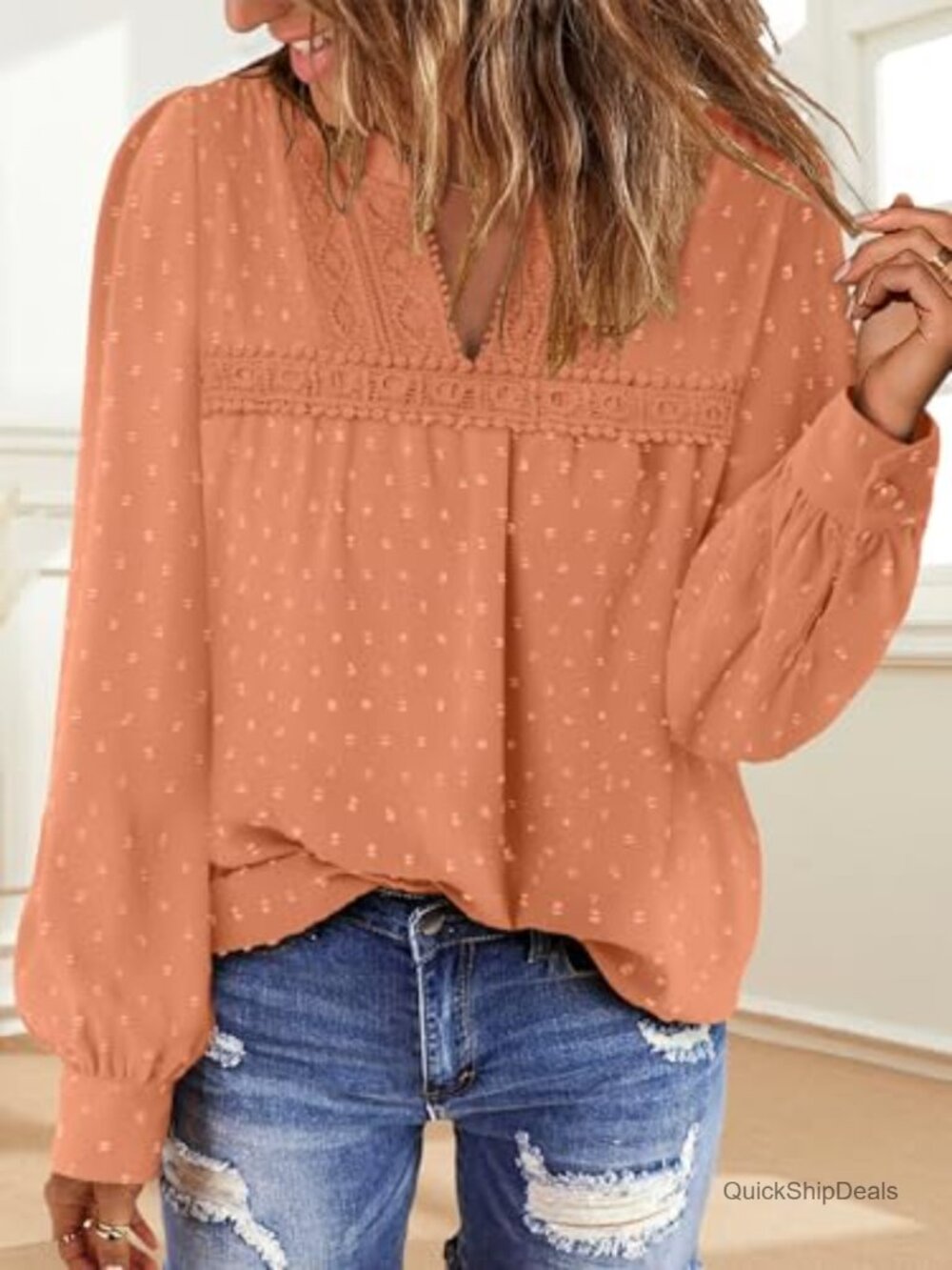 Boho Swiss Dot Long Sleeve V-Neck Blouse Flowy Casual Top - Picture 2 of 4